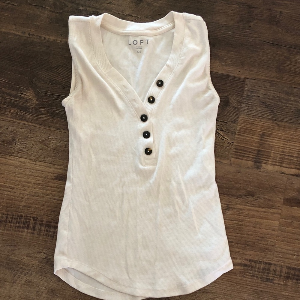 LOFT White Sleeveless Henley Tank with Button Placket
